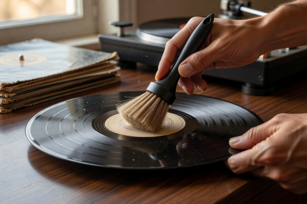 Cleaning a vintage vinyl record with a specialized micro-fiber brush