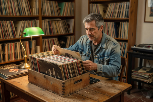 Vinyl enthusiast reviewing electronic synth pressings in specialized storage crate