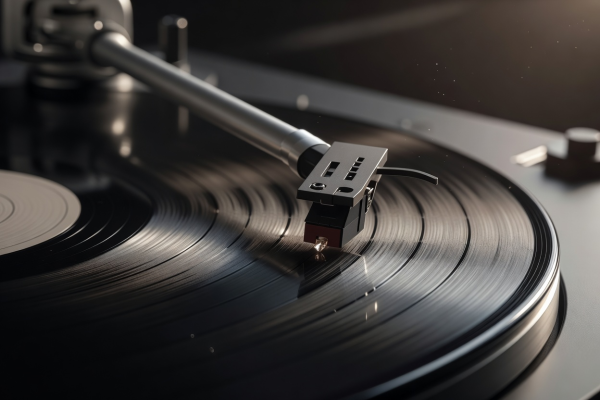 Detailed close up of a turntable tone arm and cartridge needle on vinyl