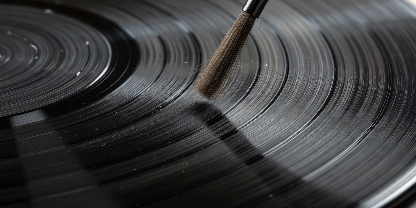Detailed close-up of a vinyl record groove surface being cleaned