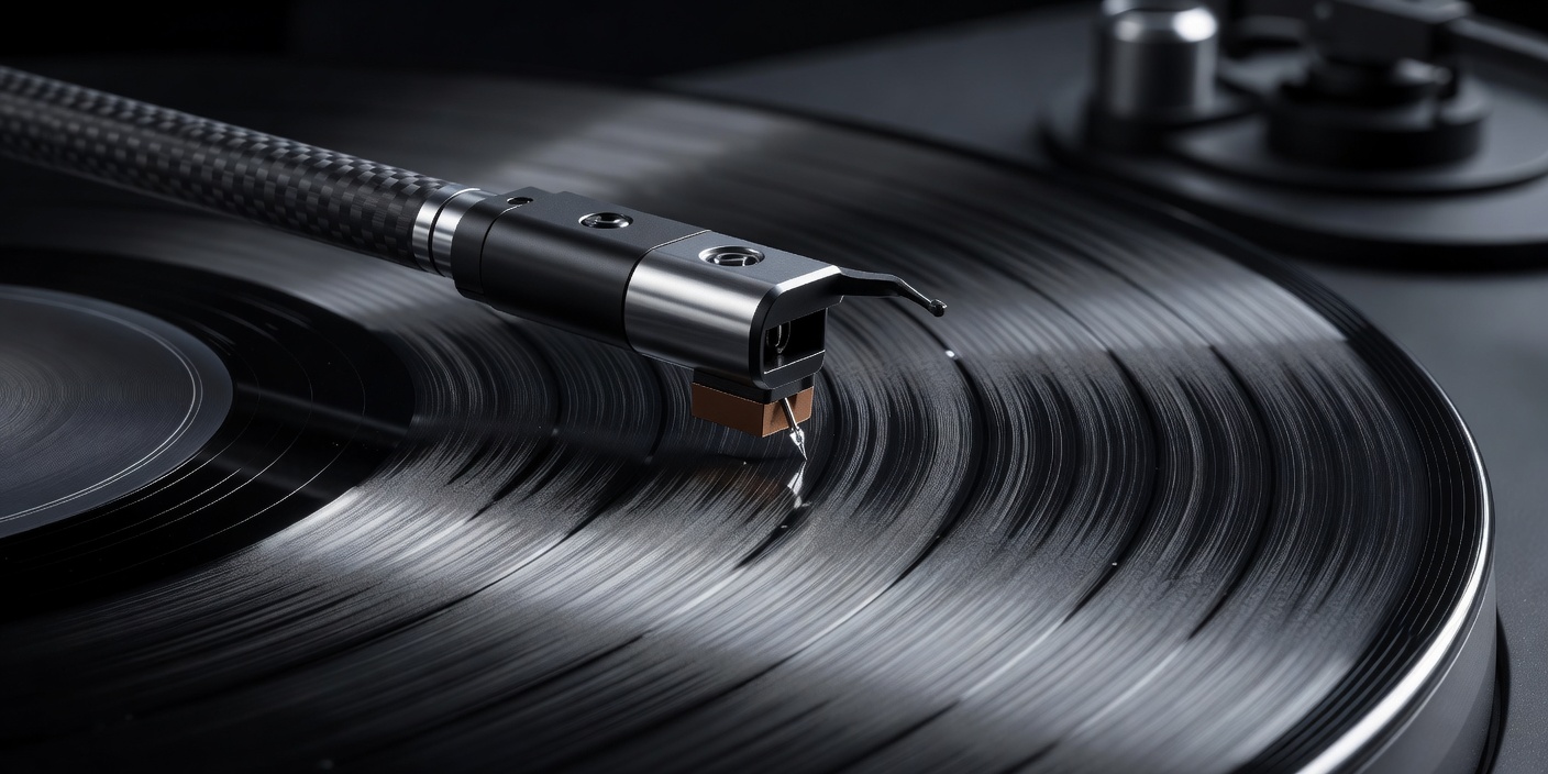 Audiophile phono cartridge needle tracking deep jazz record grooves on turntable platter