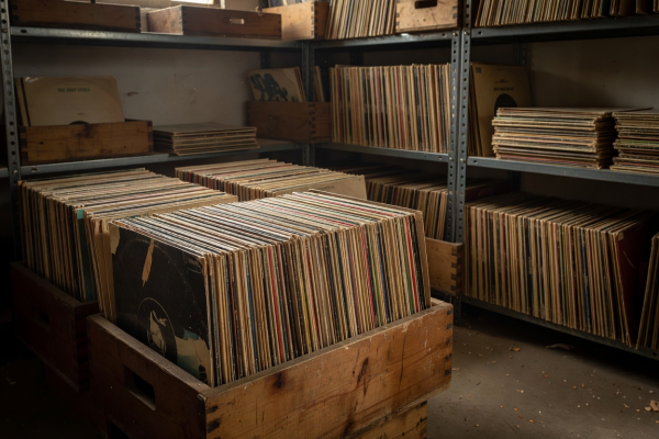 Shelves stocked with rare LP vinyl records in an archive crate